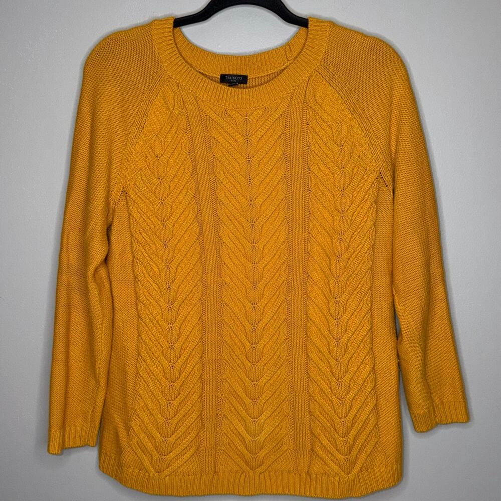 Talbots Petite Womens Size Medium Golden Yellow Cable Knit Long Sleeve Sweater